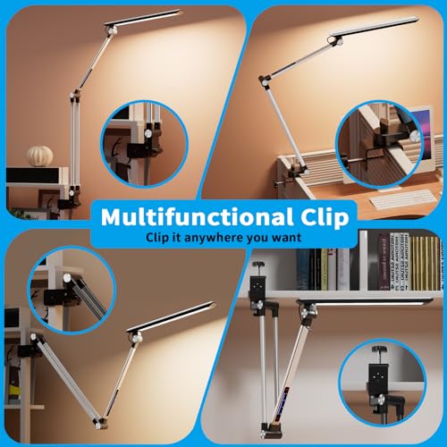 Metallic Gray LED Desk Lamp with Clamp, Touch Control, Swing Arm P544469