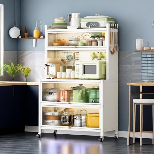 Kitchen Bakers Rack, Microwave Cabinet Metal Shelving Unit with Wheels, Microwave Cart with Storage and Doors, for Kitchen Garage Coffee Bar, White