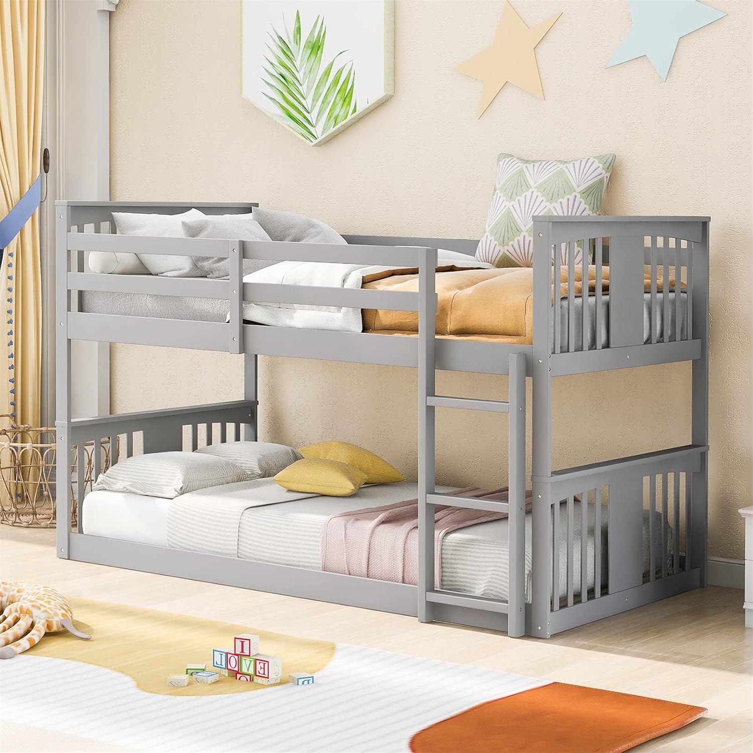 Twin Bunk Beds Low Bunk Bed Frame Wood Twin over Twin Bunkbed for Kids Toddlers Boys Girls Bedroom, Gray
