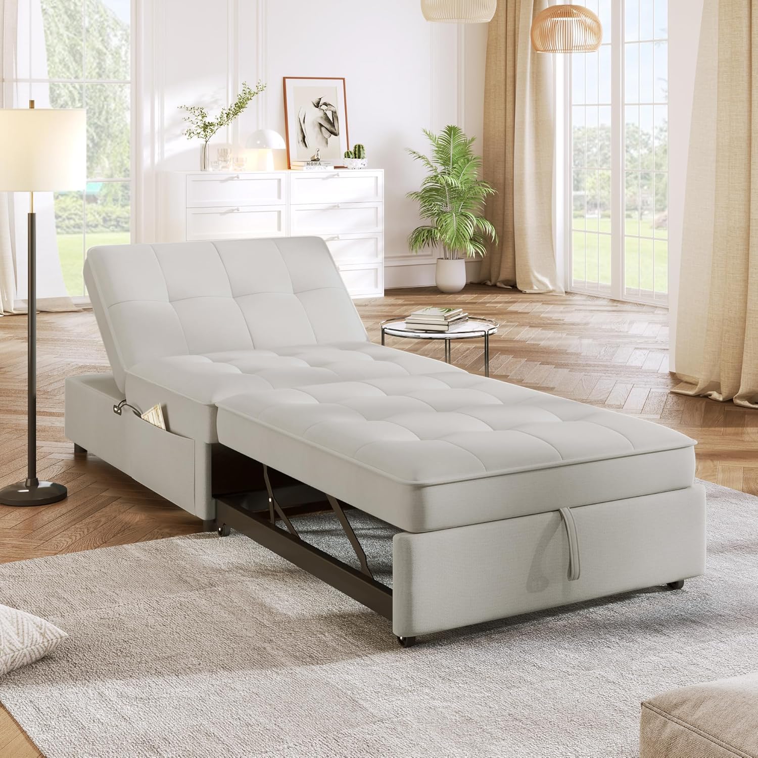 CHARMMA 4-in-1 Sofa Bed,Chair Bed,Multi-Function Folding Ottoman Bed with Storage Pocket and USB Port for Small Room Apartment,Living Room,Bedroom,Hallway,White,Chairs/Accent Seating 78.26lbs,2036