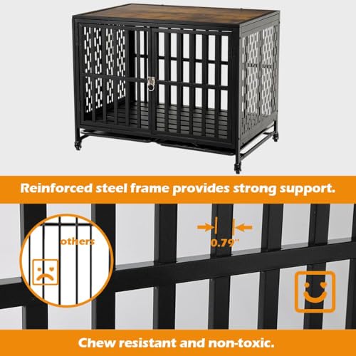 LUCKUP Heavy Duty Dog Crate Furniture for Medium Large Dogs, Indoor Kennel with Trays, Lockable Wheels, 42 inch Black N937