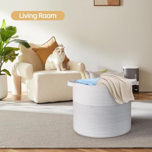 Cotton Rope Storage Basket with Handles, White & Grey I74953