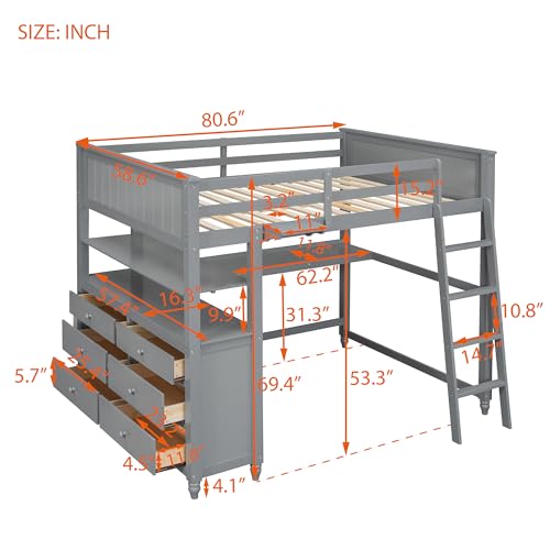 Gray Twin Loft Bed with Storage Cabinet and Desk, Wooden Frame with Bookcase I9318