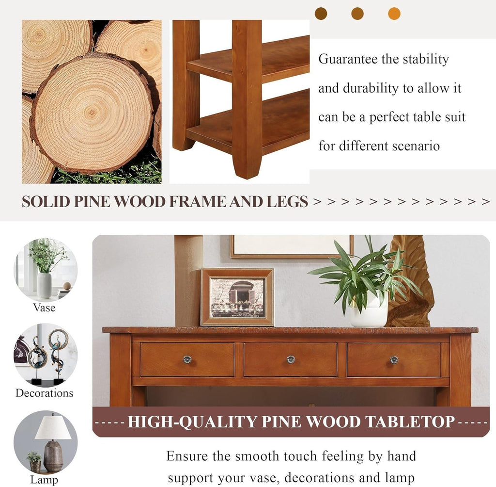 Knocbel Long Console Table with 3 Storage Drawers and Double Bottom Open Shelves, Brown D377