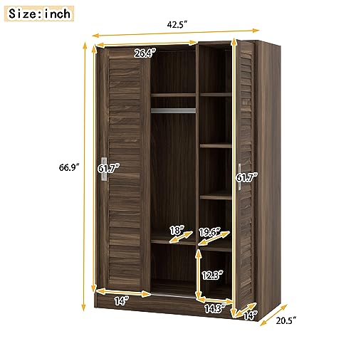 3 Door Wardrobe Armoire with Sliding Doors and Storage Shelves, Walnut X563