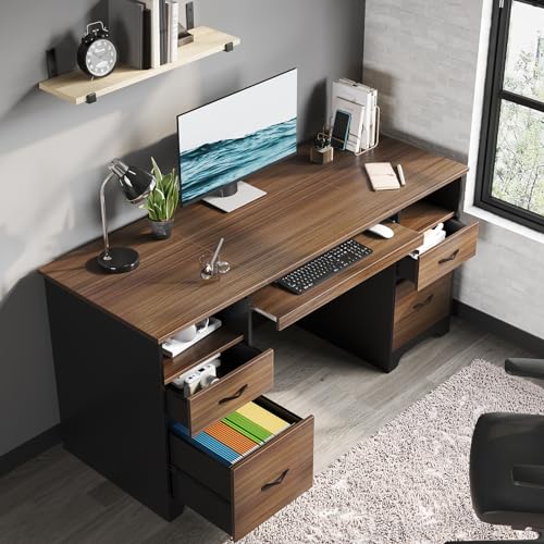 Bestier 59" Computer Desk with 4 Drawers and Storage, Cherry J43092