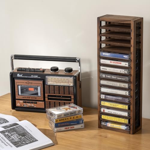 Cassette Tape Storage Rack Tower, 16-Slot Rustic Burnt Wood Q5509