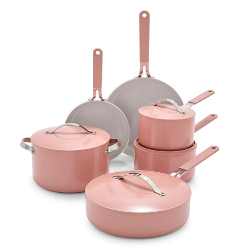 GreenLife Dream 10-Piece Ceramic Nonstick Cookware Set, Pots Frying & Sauce Pans, PFAS-Free & PFOA-Free, Dishwasher & Oven Safe, Stay-Cool Handles, Durable Aluminum Body, Versatile Cooking, Dusty Rose