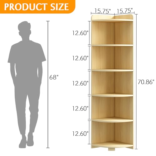 IOTXY 6-Tier Open Corner Shelf, 71" Tall Wooden Floor Standing Bookshelf, Oak S83526