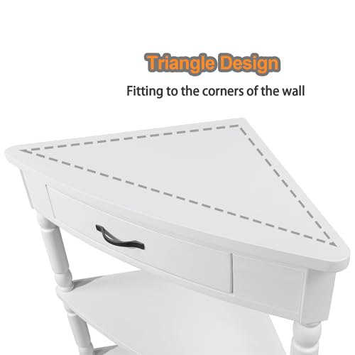 3-Tier Corner Shelf with Drawer, Solid Wood Legs, White H302312