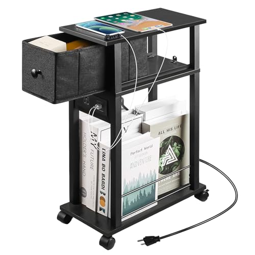 Side Table with Charging Station and Drawer, Narrow End Table with USB Ports and Outlets for Small Space, Living Room, Bedroom and Office, with 4 Wheels Black