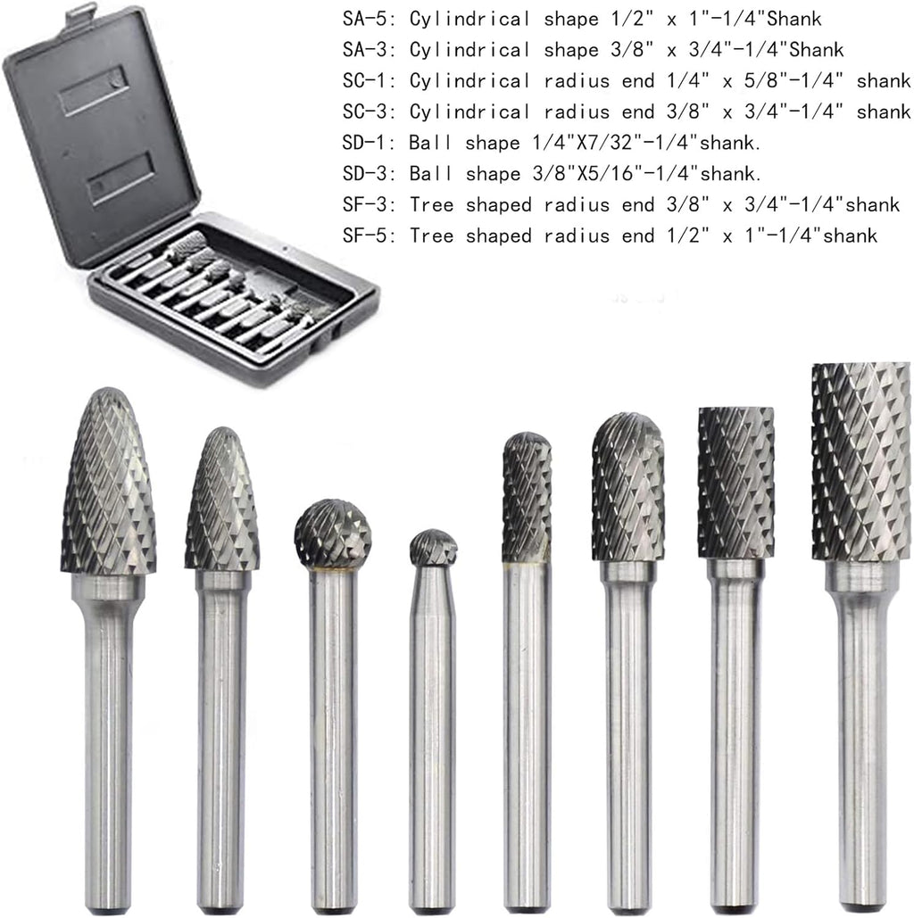 Carbide Rotary Burr Set 1/4'' Shank, 8PCS Double Cut Die Grinder Bits X466434
