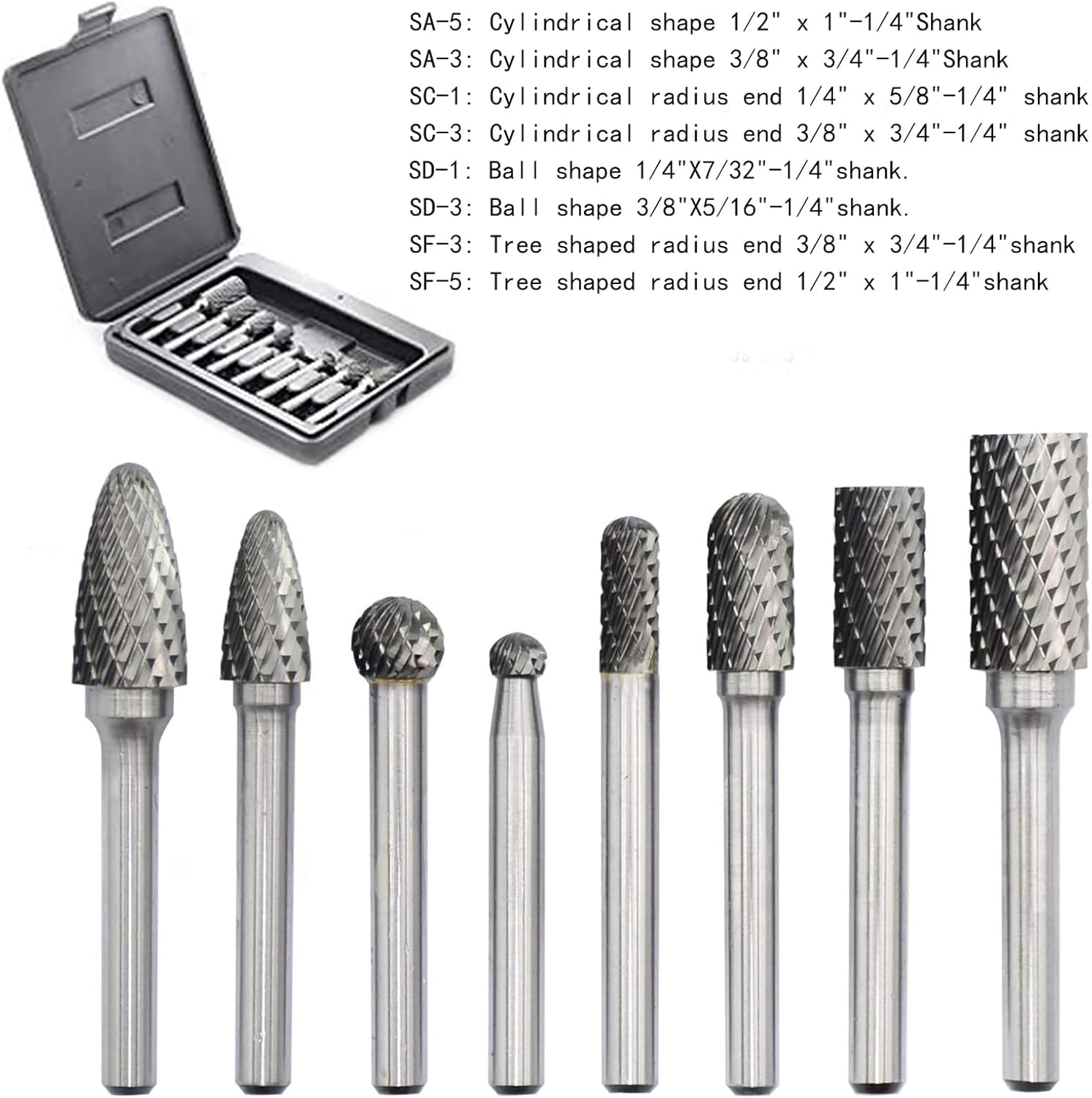 Carbide Rotary Burr Set 1/4'' Shank, 8PCS Double Cut Die Grinder Bits X466434