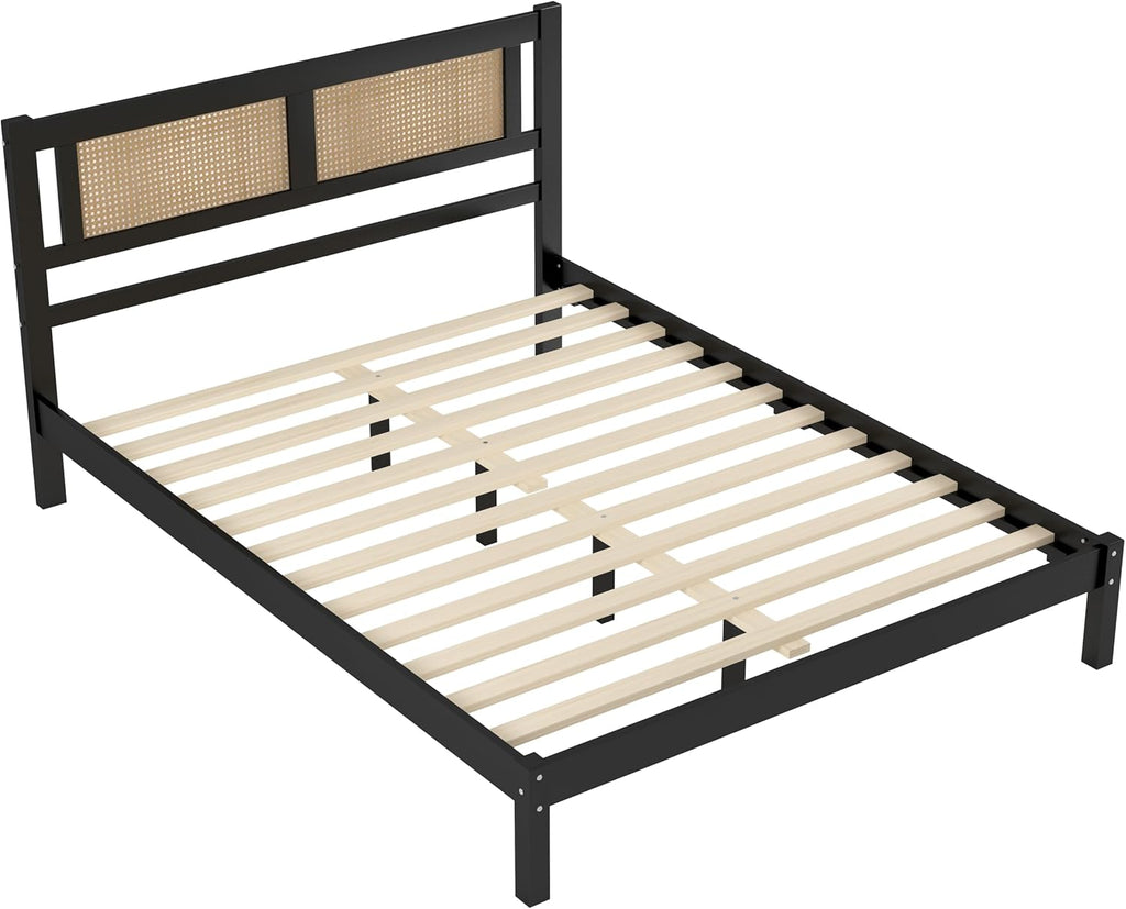 Queen Size Wooden Platform Bed with Rattan Headboard Black C842062