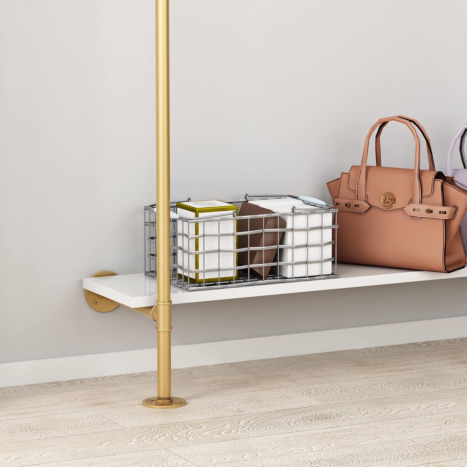 HOMEKAYT Industrial Wall Mounted Clothing Rack with 2-Tier Wooden Shelves, Gold Y32039