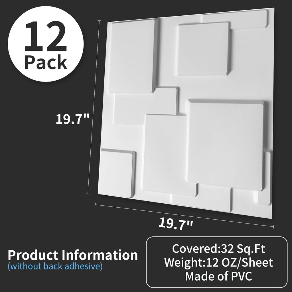 Art3d Decorative 3D Wall Panel, 32 Sq.Ft PVC White S699512