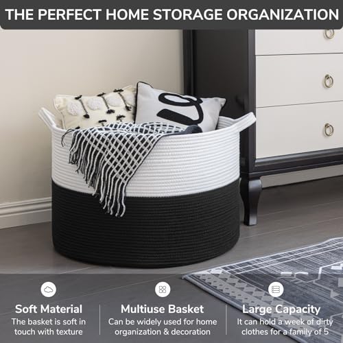 INDRESSME Large Cotton Rope Storage Basket with Handles, 90L Grey A656