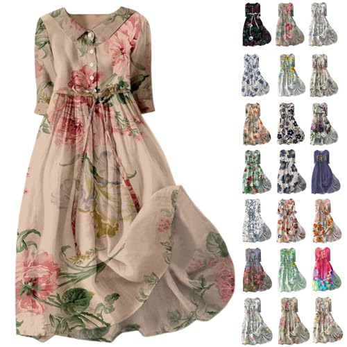 Womens Lapel Neck Dresses Summer Ladies Boho Floral A-Line Lace-Up Flowy Dress Casual Elegant Beach Long Dresses