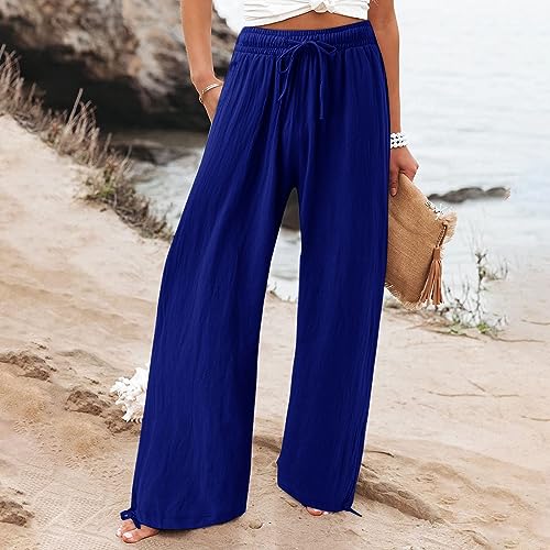 Women Linen Wide Leg High Waist Palazzo Pants L1687