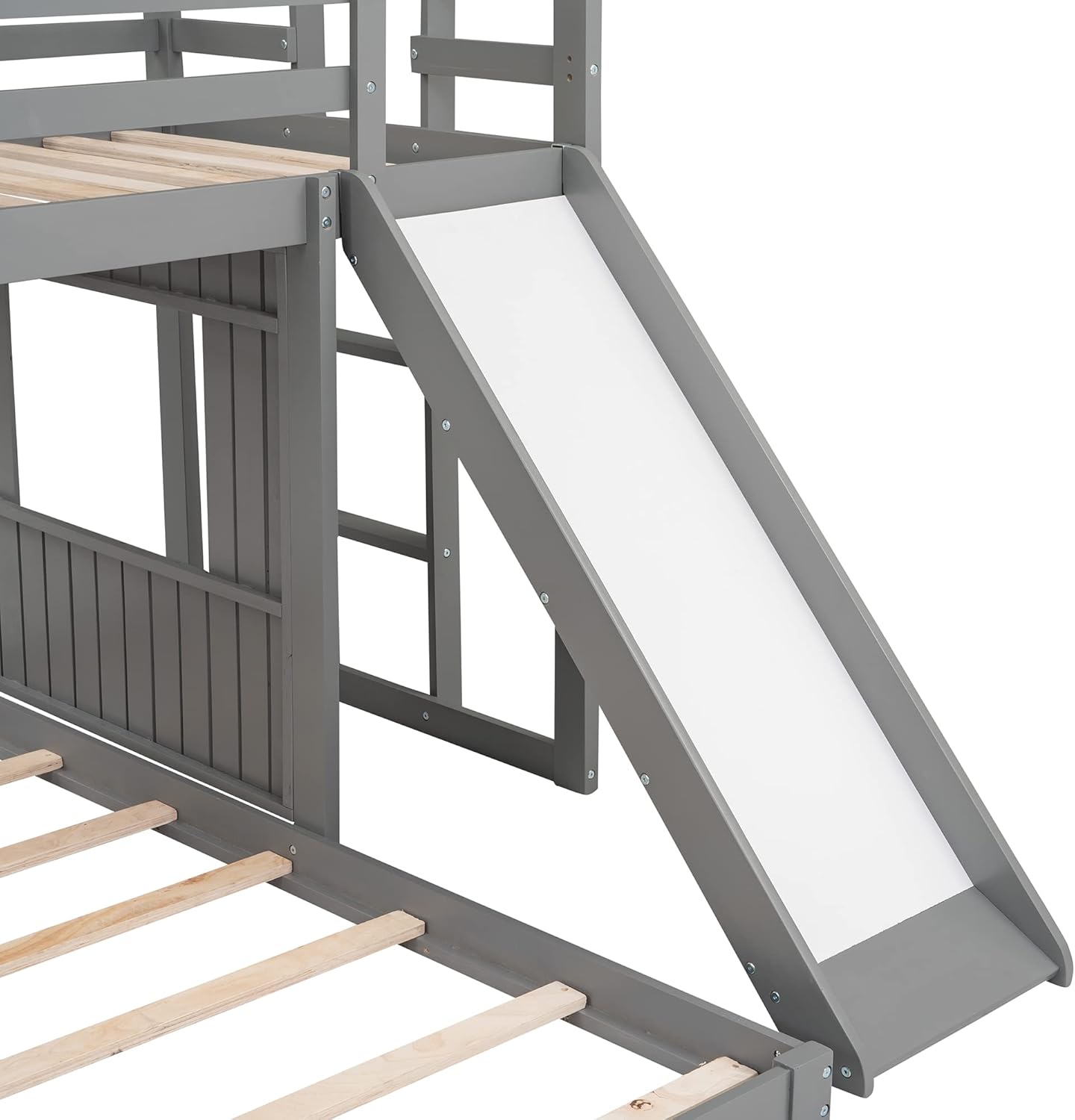 Twin Over Full Wood Bunk Bed with Ladder, Slide and Guardrails, Gray D3749