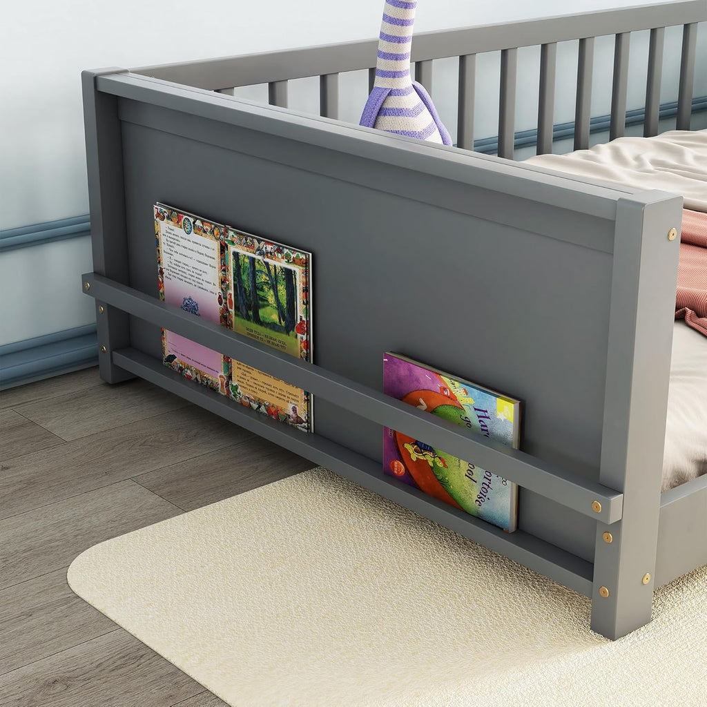 Montessori Floor Bed with Safety Guardrails, Twin Size Solid Pine Wood, Grey P6015