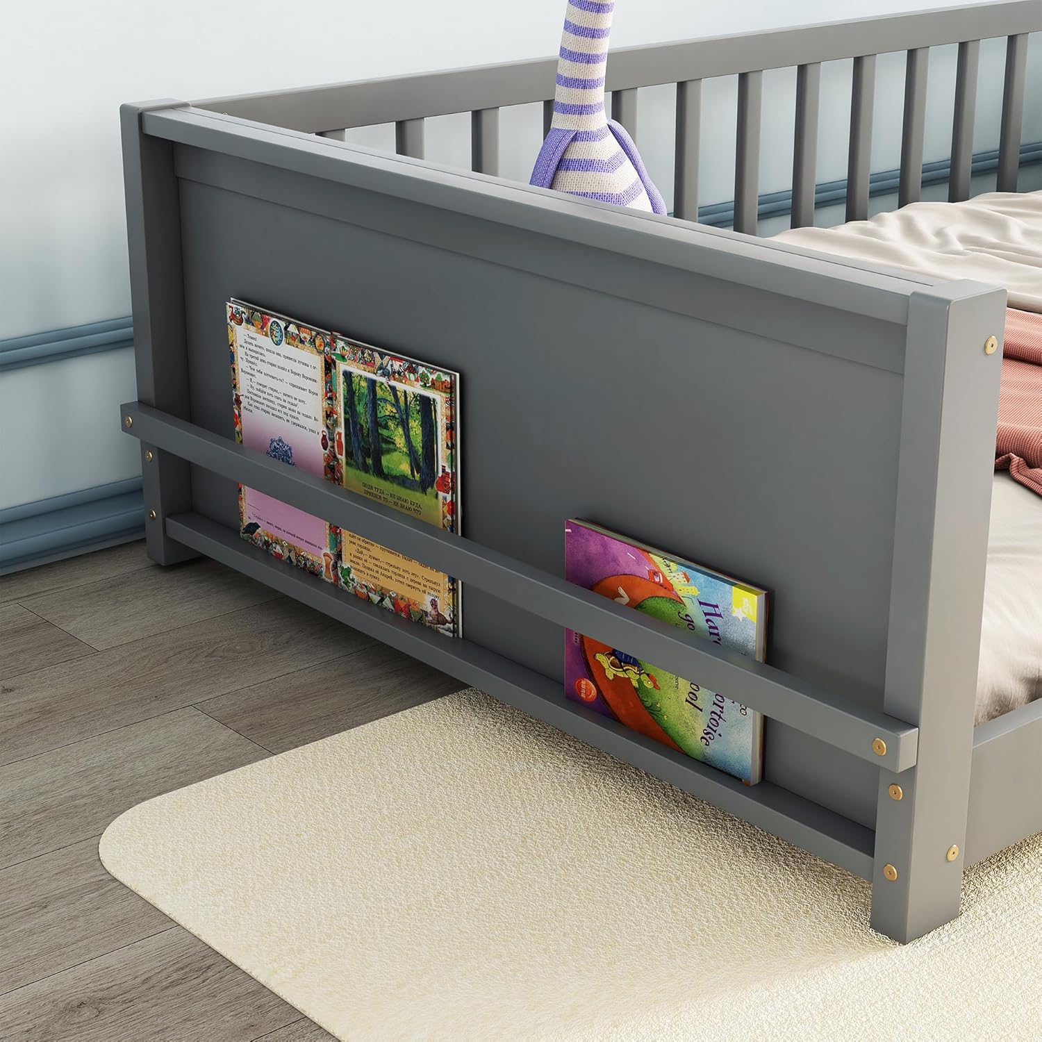 Montessori Floor Bed with Safety Guardrails, Twin Size Solid Pine Wood, Grey P6015