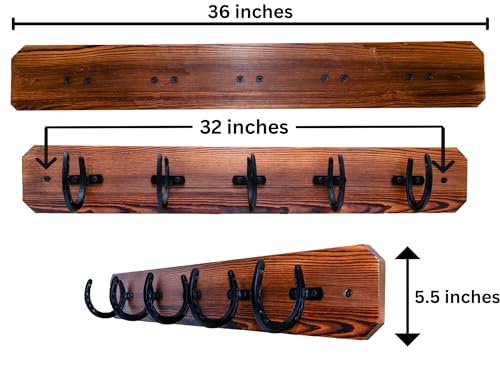 Rustic Wall Mount Coat Rack with Horseshoe Hooks, 36.5" Wooden, Brown and Black Z36334