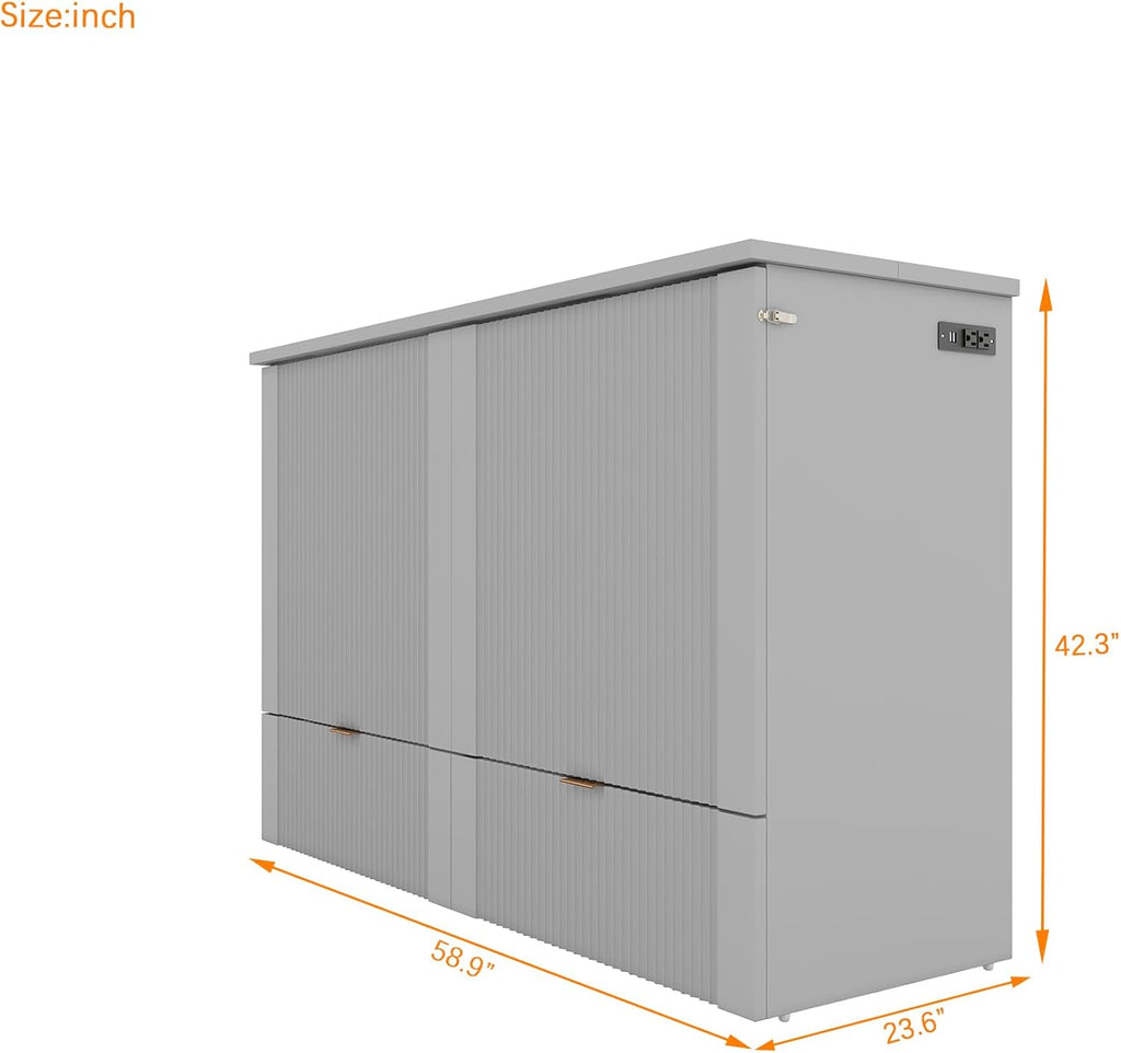 Murphy Bed Wall Bed with Storage Drawers, Foldable Platform Bed, Gray Full Size with USB Ports Q180395