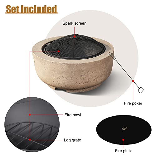24" Round Concrete Wood Burning Fire Pit Bowl for Patio, Brown I71000