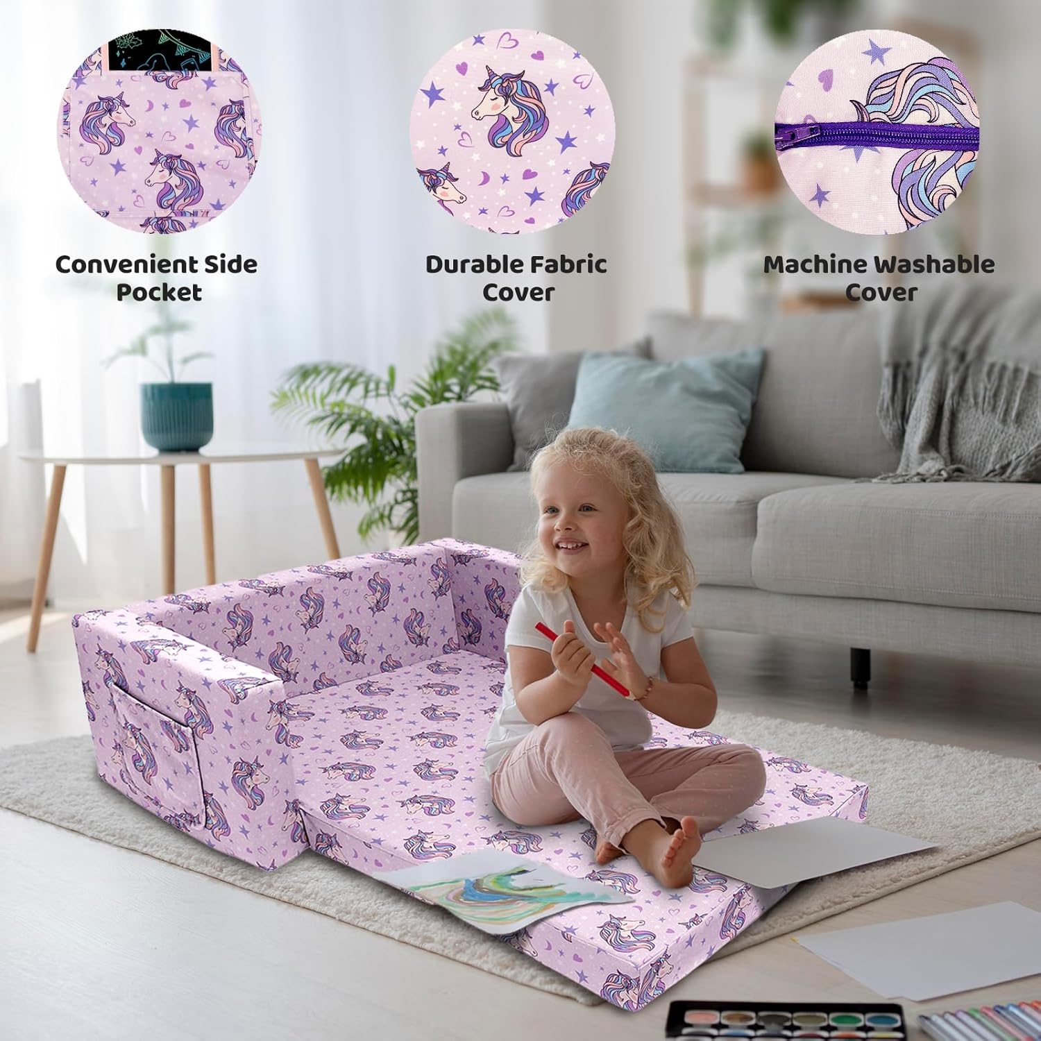Convertible Kids Sofa Sleeper Bed with Dinosaur Print, 2 Seats Q6312