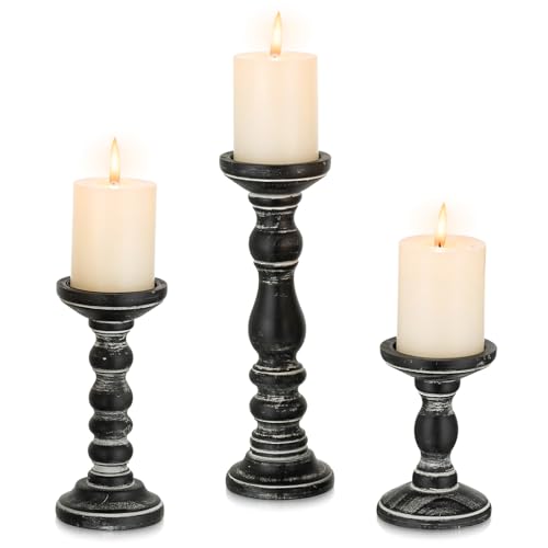Romadedi Wood Candle Holders for Pillar - Set of 3 Tall Rustic Vintage Wooden Candlestick Holder, Farmhouse Candle Stand for Fireplace Mantle Shelf Table Retro Home Decor, Dark Brown, 3.9"/6"/ 8.3"