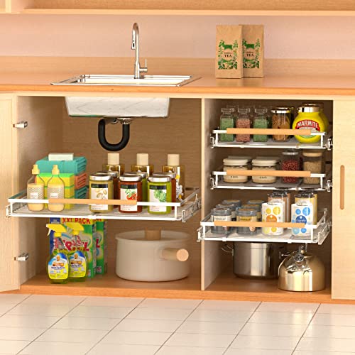 Expandable Pull Out Drawer Cabinet Organizer, Heavy Duty Slide Out Shelf for Kitchen Pantry, Stainless Steel B593636