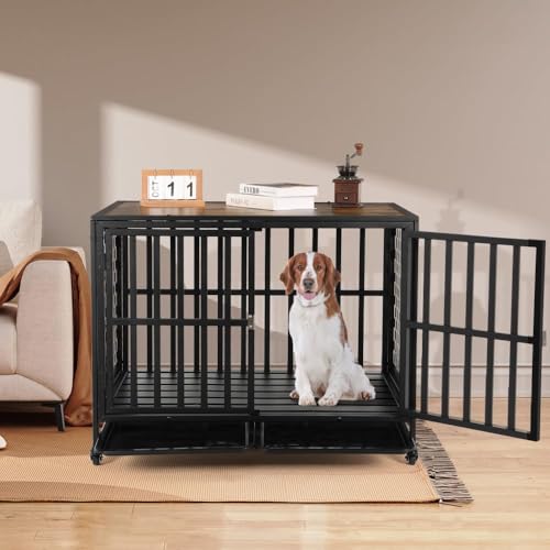 LUCKUP Heavy Duty Dog Crate Furniture for Medium Large Dogs, Indoor Kennel with Trays, Lockable Wheels, 42 inch Black N937