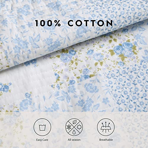 Laura Ashley King Cotton Reversible Quilt Set with Shams, Kenna Blue V86923