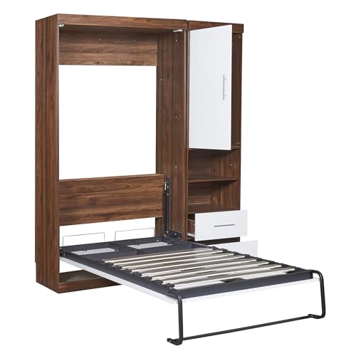 Murphy Bed with Cabinet, Foldable Wood Wall Bed for Guest Room, White T30875