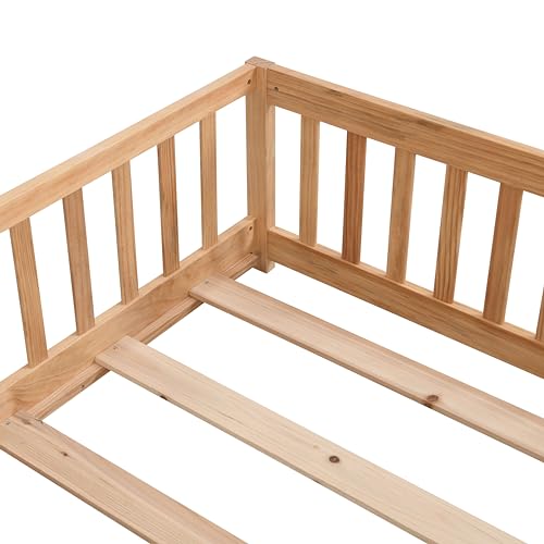 Twin Size Floor Bed with Door, Solid Wood Montessori Bed with Rails and Slats E36819