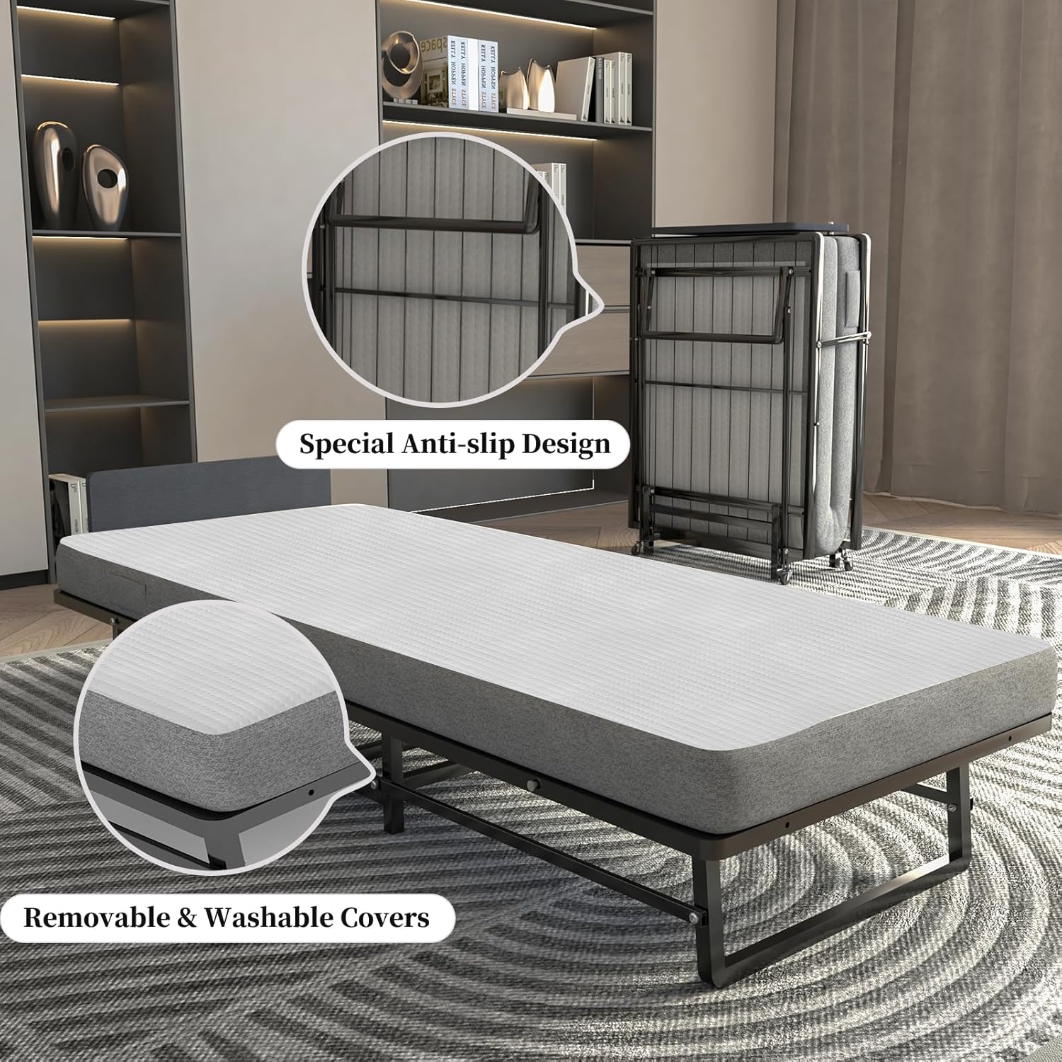 Folding Bed with 4-Inch Mattress, Metal Cot for Adults on Wheels F49016