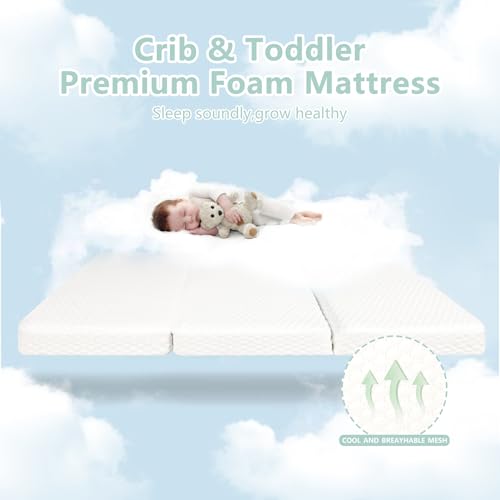 Pack and Play Mattress 38x26 Trifold with Removable Cover, Dual-Sided Firm Support & Comfort Memory Foam E612