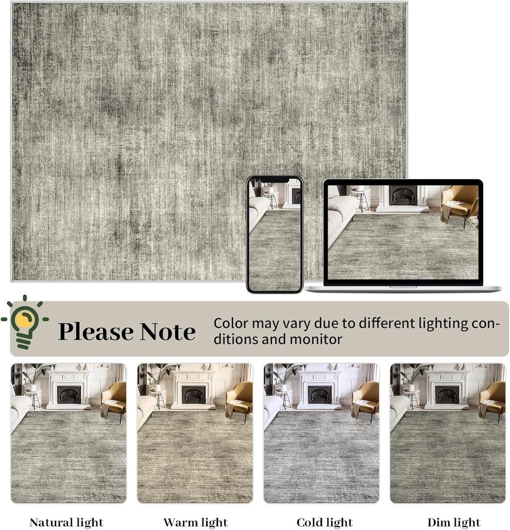 Washable 8x10 Abstract Area Rug for Living Room Bedroom (Grey) K415