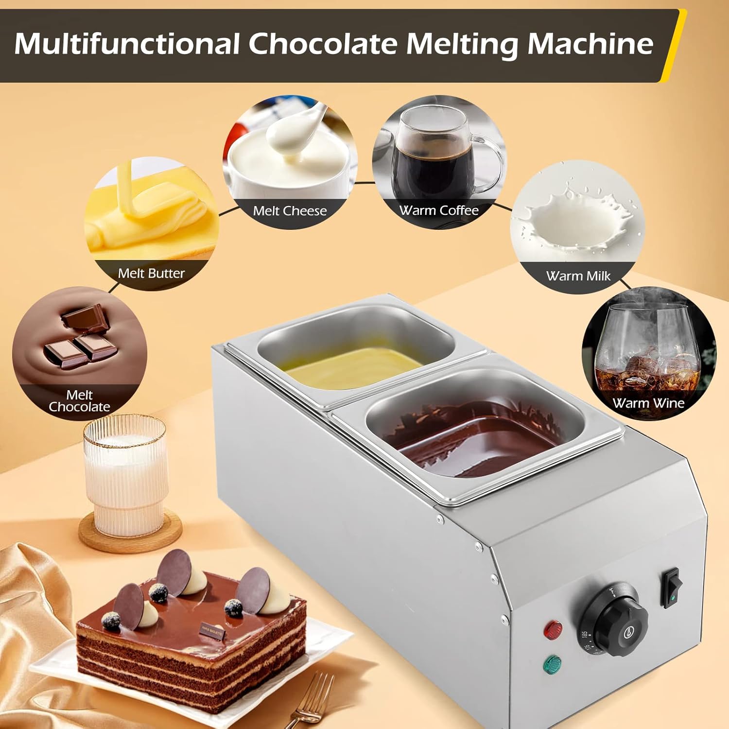 Dyna-Living 2-Tank Chocolate Melting Machine 1000W Electric Chocolate Melter with Temperature Control O82140