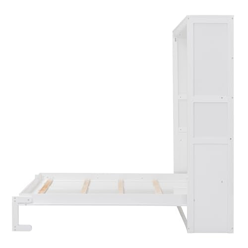 Queen Murphy Bed Folded to Wall Wooden Cabinet Bed with Cushion, White C177