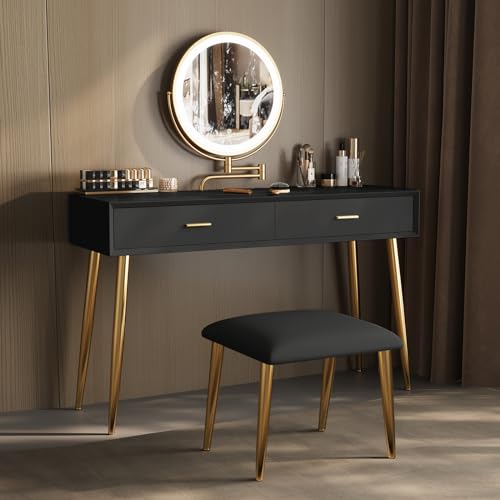 Vanity Desk Set with 360° Rotating Mirror and Lights, 2 Drawers, Stool - 31.5in Black V740779