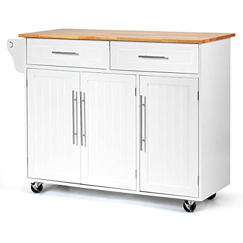 Giantex Kitchen Island Cart with Lockable Castors, 2 Drawers, 3 Door Cabinet, White F858