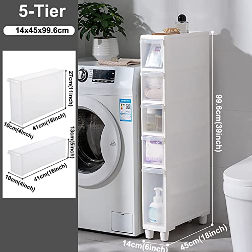 Narrow Tall Floor Cabinet for Bathroom, 4 Clear Drawers with Casters L2591