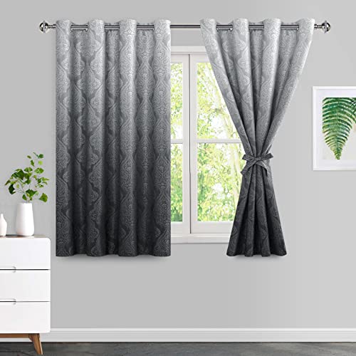 JIUZHEN Damask Ombre Curtains for Bedroom – Thermal Insulated, Energy Saving & Noise Reducing Gradient Grommet Curtains for Living Room, Navy Blue, W 42 x L 84 Inch, Set of 2 Panels with Tiebacks