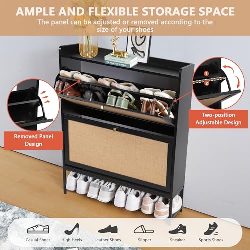 LEVNARY Shoe Cabinet Set of 2, Wooden Narrow Shoe Racks with 2 Flip Drawers, Walnut U726126