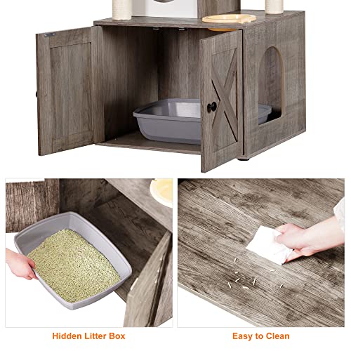 Heybly Cat Tree with Litter Box Enclosure and Food Station, Rustic Brown G73707
