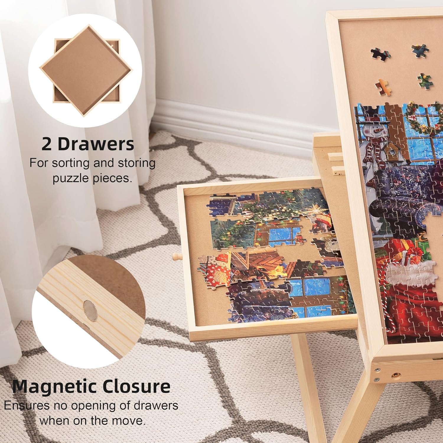 Lavievert Tilting Puzzle Table with 2 Drawers, Adjustable Wooden Board for 1000 Pieces D213