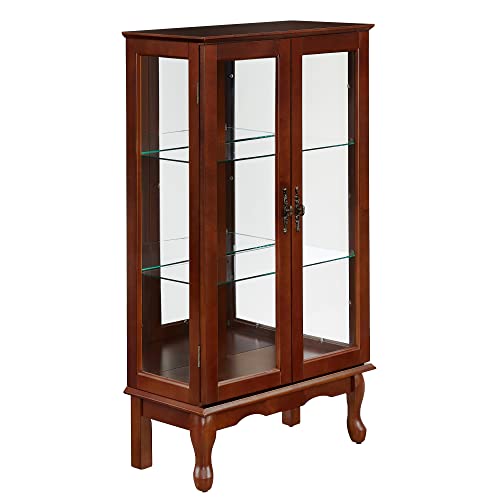 Lighted Wooden Corner Curio Cabinet with Mirrored Back Panel, Oak G380558