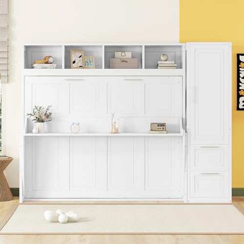 Merax Gray Murphy Bed Wall with Closet and Drawers, Queen T86584